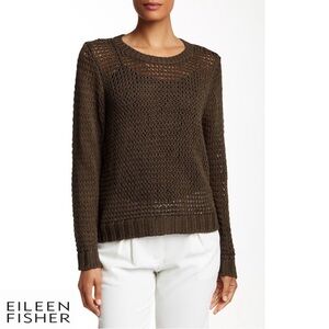 Eileen Fisher Open Loose Knit Crochet Sweater Olive Green Organic Cotton